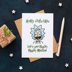 Rick and Morty Weihnachtskarte (plastikfrei, nachhaltig, lustig, Rick und Morty inspirierte Weihnachtskarte, Riggity Riggity Wrecked)
