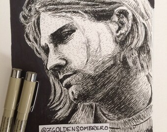 Kurt Cobain Original Ink Drawing 90s Nirvana