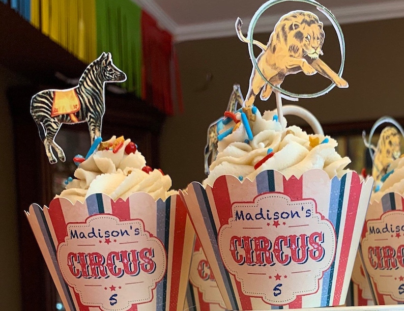 Vintage Circus Cupcake Wrappers or Cupcake Cake Picks The Greatest Showman theme carnival ticket 5050 bingo fair theme