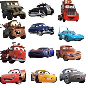 May include: A collection of 12 cartoon cars from the Disney Pixar movie Cars. The cars are all different colors and styles, including a red fire truck, a blue police car, a yellow race car, and a green military jeep.