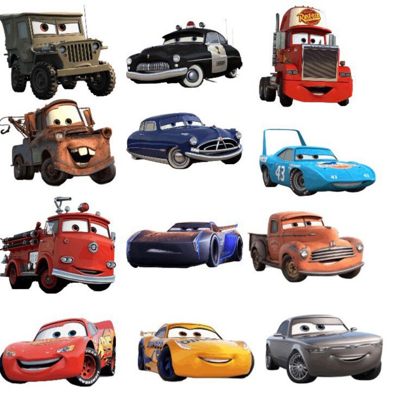May include: A collection of 12 cartoon cars from the Disney Pixar movie Cars. The cars are all different colors and styles, including a red fire truck, a blue police car, a yellow race car, and a green military jeep.