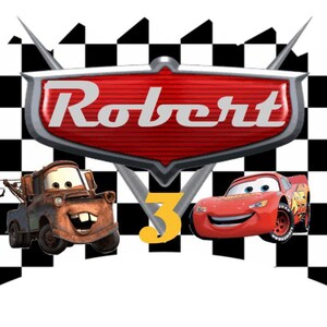 May include: A red and yellow race car with a big smile, a rusty orange tow truck with a friendly face, and a yellow number 3 on a black and white checkered background. The word "Robert" is written in a red and silver vintage car logo.