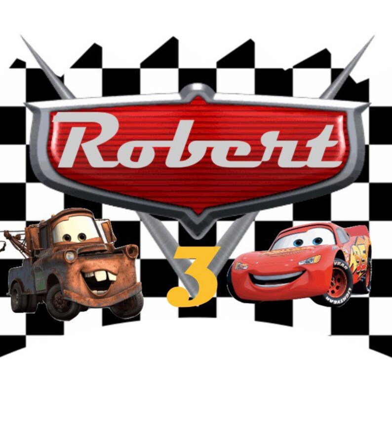May include: A red and yellow race car with a big smile, a rusty orange tow truck with a friendly face, and a yellow number 3 on a black and white checkered background. The word "Robert" is written in a red and silver vintage car logo.