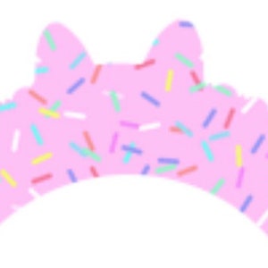 May include: Pink cupcake wrapper with a cat ear design and a sprinkle pattern.