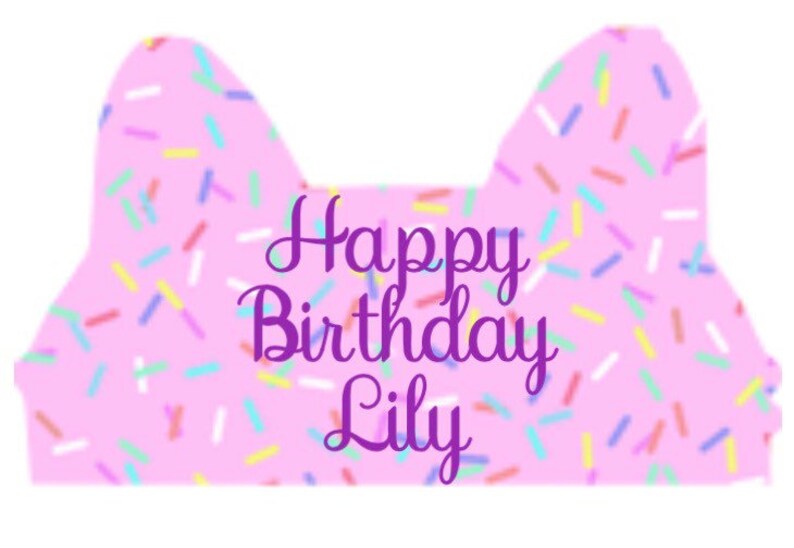 May include: Pink birthday card with a sprinkle pattern and the text "Happy Birthday Lily" in purple.