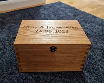 Handmade Solid Oak Memory Box Jewelry Box Keepsake Box Dovetail Joints Engraved Personalised Wedding Gift Anniversary Gift Custom Engraving