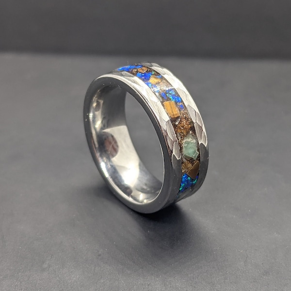 Hammered Tungsten Carbide Ring - with Emerald, Tigers Eye & Cobalt Blue Opal Inlay Mens Ring Womans Ring Wedding Ring Band