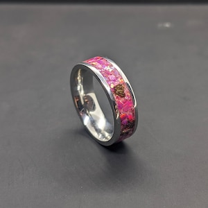 Titanium Ring - Pink Opal & Dinosaur Bone T-Rex - Raptor - Stegosaurus - Opal Inlay Ring - 6mm Ring - Wedding Ring - Mens Ring - Womens ring
