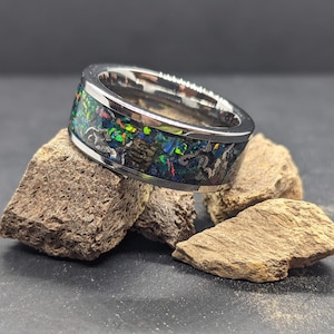 Triceratops Dinosaur Bone, Meteorite and Space Opal Tungsten Ring - Mens Ring - Wedding Ring - Womens Ring - Custom Ring