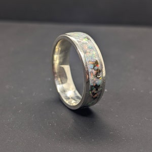 Meteorite Fire & Ice Opal Inlay Ring - 6mm Sterling Silver - White Gold - Platinum - Opal Inlay Gemstone Ring - 9ct - 14ct - 18ct White Gold