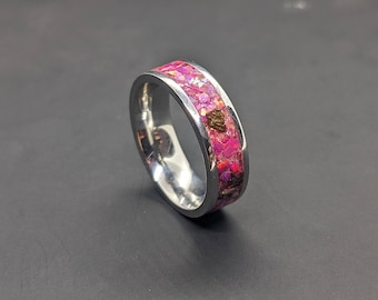 Titanium Ring - Pink Opal & Dinosaur Bone T-Rex - Raptor - Stegosaurus - Opal Inlay Ring - 6mm Ring - Wedding Ring - Mens Ring - Womens ring