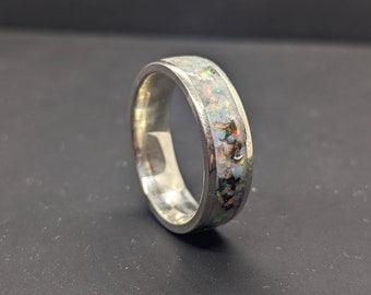Meteorite Fire & Ice Opal Inlay Ring - 6mm Sterling Silver - White Gold - Platinum - Opal Inlay Gemstone Ring - 9ct - 14ct - 18ct White Gold