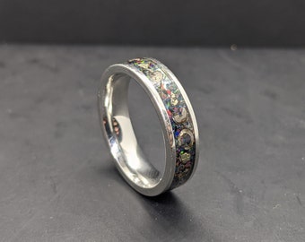 Cobalt Chrome Meteorite Inlay Ring with Iron Pyrite & Opal Ring - 6mm - Opal Gemstone Ring - Band Ring - Eternity Ring