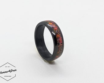 Carbon Fibre, Garnet & Rainbow Opal Inlay Ring 8mm - Band Ring - Mens Ring - Wedding Ring - Womens Ring Black Ring