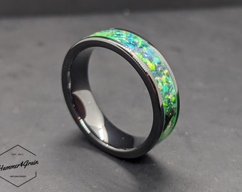 Toxicity - Emerald, Green & Blue Opal, Glowstone - Black Ceramic Band Men's Wedding Engagement Ring Glow Ring, Emerald Ring