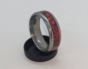 Damascus Steel Dinosaur Bone Opal & Garnet Glowstone Ring - 8.0mm Stainless Damascus Steel - Opal Inlay Gemstone Ring