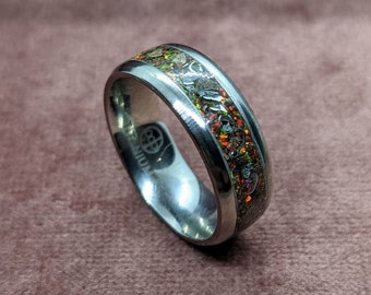 Titanium Dinosaur Bone Inlay Ring with Meteorite & Opal Ring - 8mm - Dinosaur Bone Ring - Band Ring - Meteorite Ring - Men's Ring