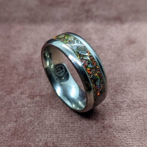 Titanium Dinosaur Bone Inlay Ring with Meteorite & Opal Ring - 8mm - Dinosaur Bone Ring - Band Ring - Meteorite Ring - Men&#39;s Ring