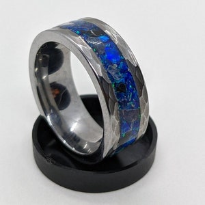Water Sapphire, Black Marble & Cobalt Blue Opal Inlay Ring Hammered Tungsten Carbide 8mm - Band Ring - Men's Ring