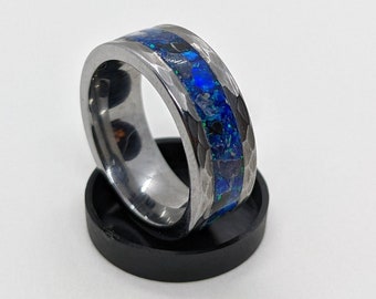 Water Sapphire, Black Marble & Cobalt Blue Opal Inlay Ring Hammered Tungsten Carbide 8mm - Band Ring - Men's Ring