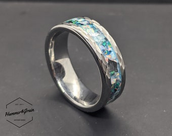 Fluorite, Black Marble, Fire & Ice Opal and Space Blue Opal Inlay Ring Hammered Tungsten Carbide 8mm - Band Ring - Men's Ring