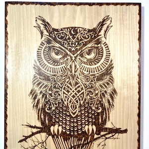 Sitting owl wood sign - wood burned art - tribal owl design - pyrography