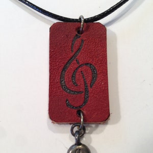 Treble clef leather pendant necklace - leather burned necklace - treble clef necklace