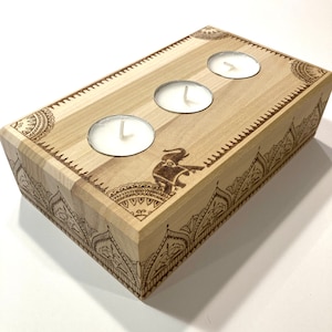 Mandala wood candle holder- wood burned elephant and mendhi design- wood votive candle holder