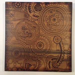 Steampunk Gears Wood Burned Art: Poplar Wood Sign