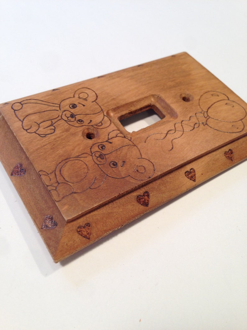 wood burned wood switch plate Teddy bear wood light switch cover