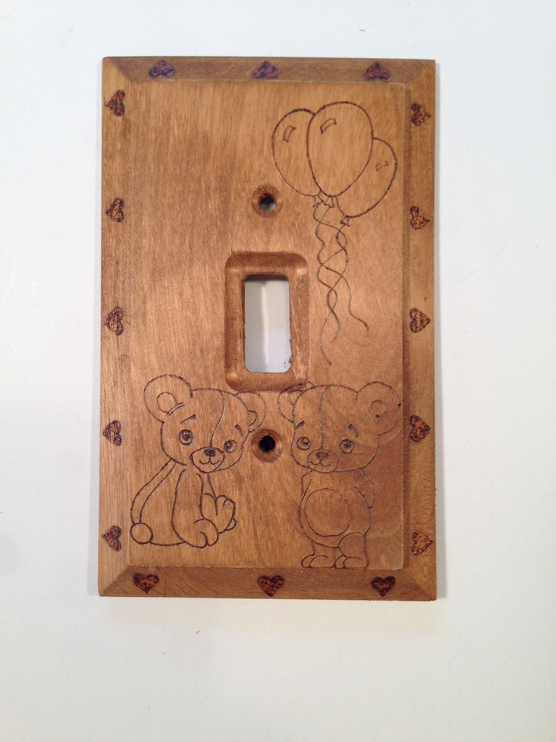 wood burned wood switch plate Teddy bear wood light switch cover