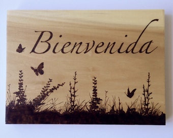 Bienvenida wood sign - welcome sign - wood burned sign - wildflower silhouette - spanish sign