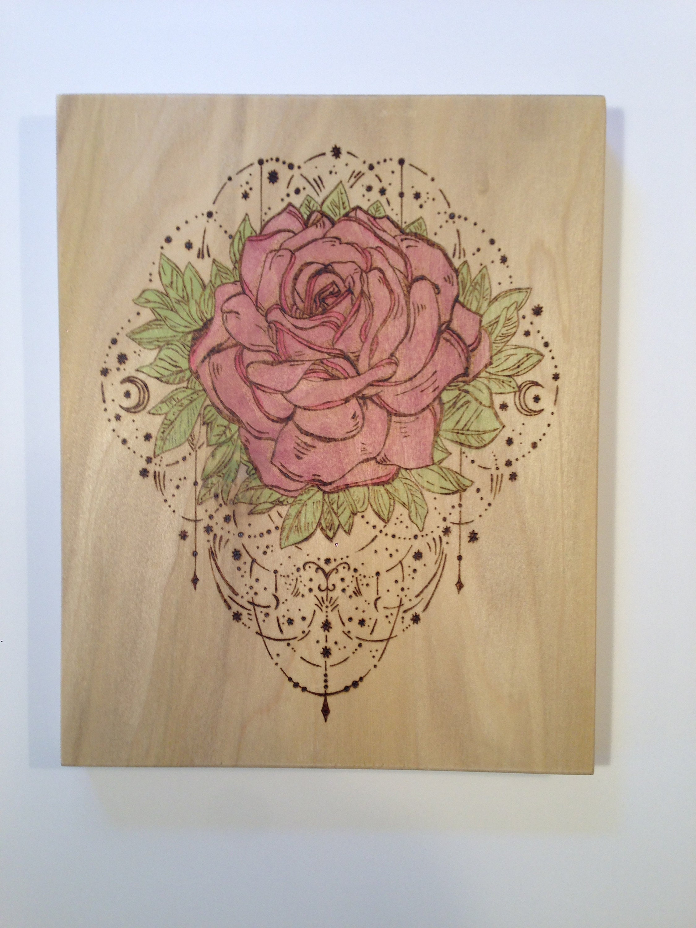 Red rose painted rose wood burned rose pyrography Etsy