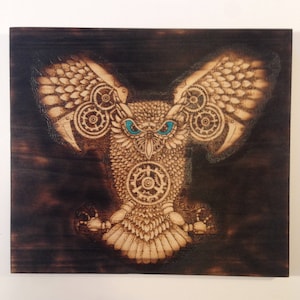 Steampunk owl wood burned art, pyrography artwork, wooden owl, steampunk style