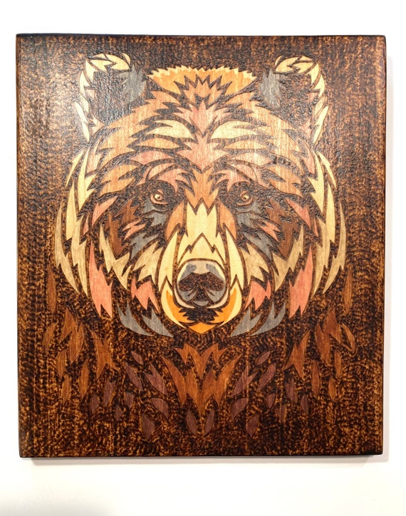  Bear wood burned on plywood, pyrography art : Handmade Products