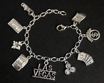 Bracelet Las Vegas. Bracelet à breloques voyage de jeu. Bracelet de voyage. Bracelet touristique. Bracelet de voyageur. Bracelet en argent. Bijoux faits main.