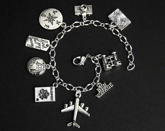 Travel Bracelet. World Traveler Charm Bracelet. Traveler Bracelet. Tourist Bracelet. Silver Bracelet. Handmade Jewelry.