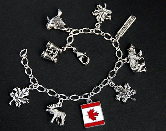 Canada Bracelet. Canadian Charm Bracelet. Travel Bracelet. Tourist Bracelet. Traveler Bracelet. Silver Bracelet. Handmade Jewelry.