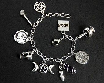 Wicca Bracelet. Witch Charm Bracelet. Wiccan Bracelet. Witch Bracelet. Pagan Jewelry. Wiccan Jewelry. Silver Bracelet. Handmade Jewelry.