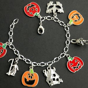 Pumpkin Bracelet. Halloween Bracelet v2. Jack o'Lantern Bracelet. Silver Bracelet. Halloween Jewelry. Charm Bracelet. Samhain Bracelet. image 1