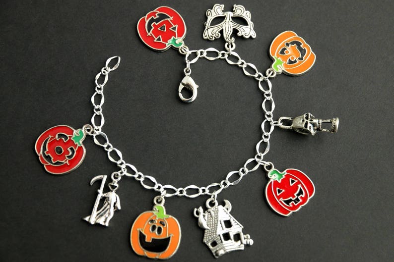 Pumpkin Bracelet. Halloween Bracelet v2. Jack o'Lantern Bracelet. Silver Bracelet. Halloween Jewelry. Charm Bracelet. Samhain Bracelet. image 1