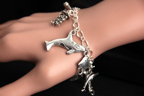 Ocean Creatures Charm Bracelet - Sterling Silver Bracelet with Sea Life Charms