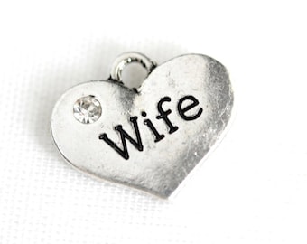 Wife Charm.  Heart Charm with Rhinestone. Add-On Charm for Charm Bracelets. Silver Plated Charm.