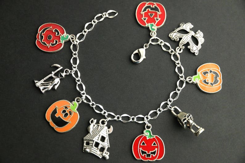 Pumpkin Bracelet. Halloween Bracelet v2. Jack o'Lantern Bracelet. Silver Bracelet. Halloween Jewelry. Charm Bracelet. Samhain Bracelet. image 3