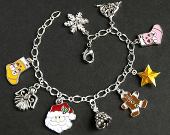 Holiday Bracelet. Christmas Stocking Charm Bracelet. Yellow and Pink Christmas Bracelet. Silver Bracelet Xmas Holiday Jewelry