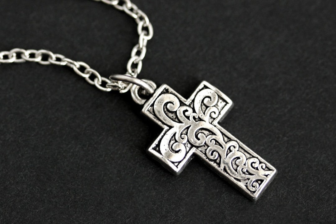 Christian Cross Necklace. Brocade Cross Charm Necklace. Silver - Etsy