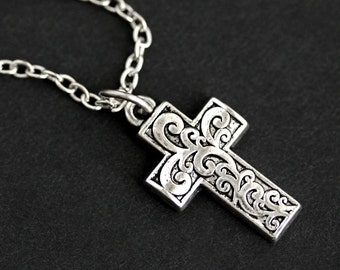 Christian Cross Necklace. Brocade Cross Charm Necklace. Silver Necklace. Christian Jewelry. Handmade Necklace.
