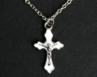 White Cross Necklace. Christian Necklace. White Crucifix Necklace. Silver Necklace. Christian Jewelry. Handmade Jewelry.