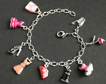Fashion Bracelet. Pink Dress Bracelet. Enamel Charm Bracelet. Shopping Bracelet. Little Black Dress Jewelry. Silver Bracelet. Pink Bracelet.
