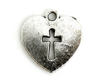 Heart Cross Charm.  Cross Heart Charm. Add-On Charm for Bracelet Charm or Necklace Charm. Christian Charm. Silver Plated Charm. 17mm x 16mm